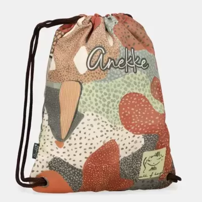 mochila saco com padrão abstrato e texto Anekke