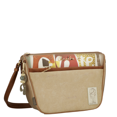 Mala Anekke bege e castanha com padrões coloridos e pendentes decorativos