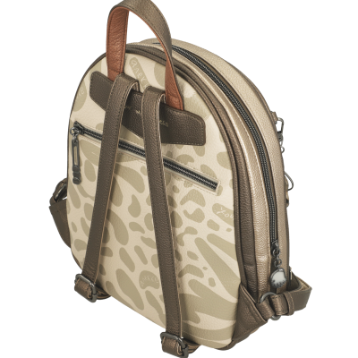 Mochila pequena bege e castanha com padrão e fechos em metal