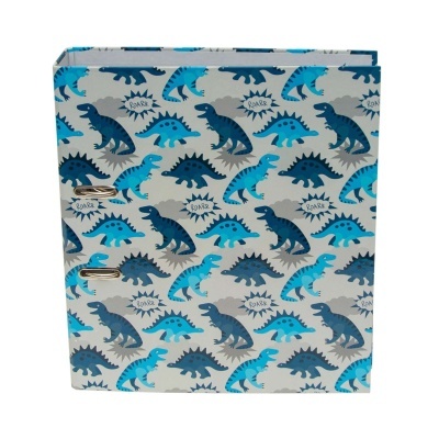 Arquivo em cartão com padrão de dinossauros azuis e cinzentos e texto ROARR