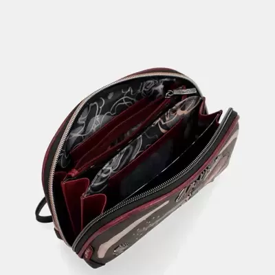 Carteira castanha e vermelha com fecho de correr e interior estampado