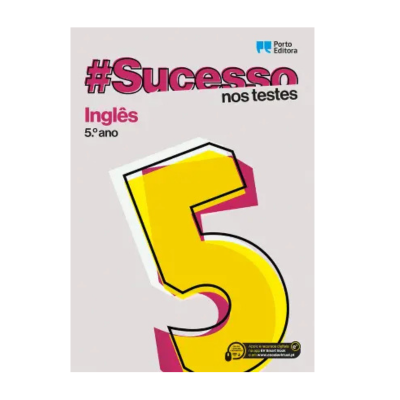 Capa do livro '#Sucesso nos testes' Inglês 5.º ano, Porto Editora, fundo cinzento, número 5 amarelo
