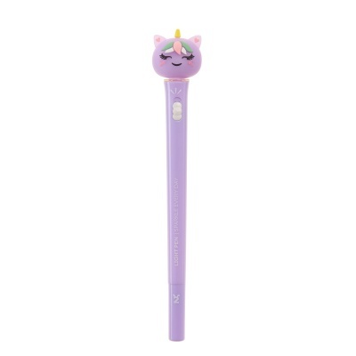 Caneta de luz roxa com cabeça de unicórnio cor-de-rosa e crina colorida