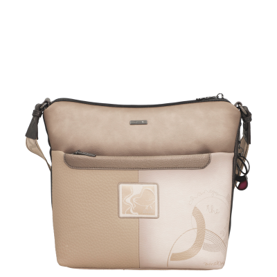 Mala de ombro bege e castanho com bolso frontal e aplicação decorativa