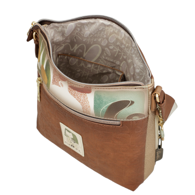 Mala de senhora castanho e bege com interior forrado e padrão da marca Anekke