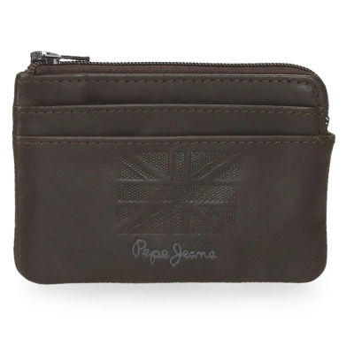 Carteira de pele castanha escura com fecho zip e logo Pepe Jeans em relevo