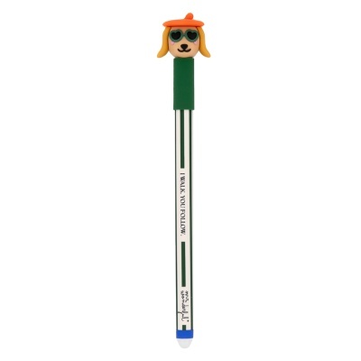 Caneta esferográfica com cabeça de cão em tampa, branco e verde, texto I WALK. YOU FOLLOW.