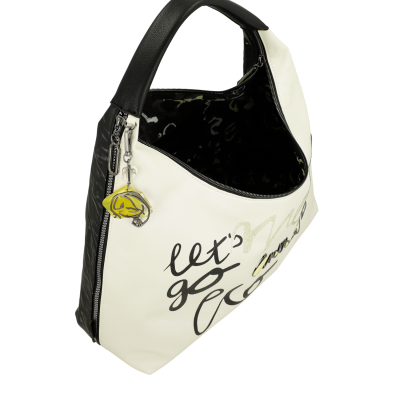 Mala de ombro branca com alça preta e texto decorativo