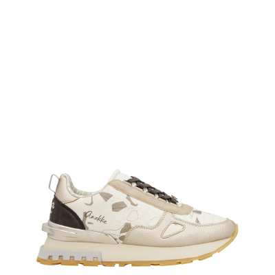 Sapatilha desportiva bege e castanha com padrão geométrico e logo Anekke