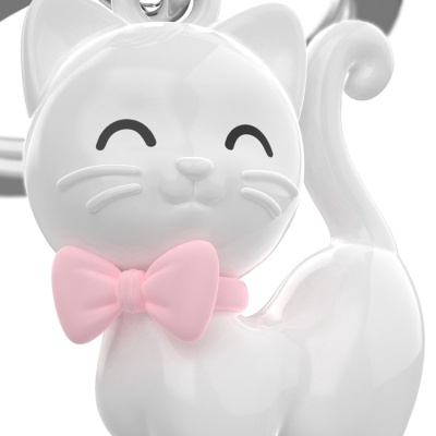 Figura de gato branco com laço rosa e olhos desenhados
