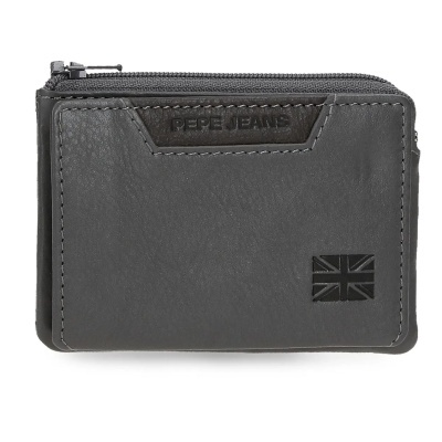 Carteira preta de material sintético com fecho e detalhes em relevo