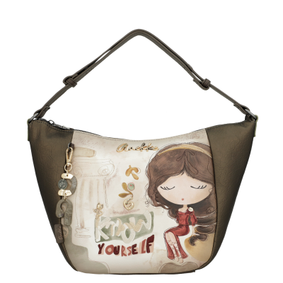 Mala de ombro castanha e bege com ilustração de rapariga e texto Know Yourself