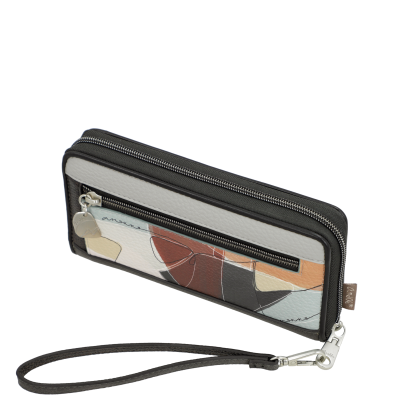 Carteira retangular preta e cinza com padrão abstrato colorido e alça destacável