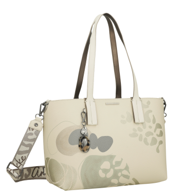 Mala tote bege com padrão abstrato verde e cinza e alças duplas