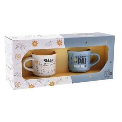 Conjunto de duas canecas de cerâmica com mensagens para mãe e pai em embalagem decorada