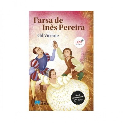 Capa de livro 'Farsa de Inês Pereira' com ilustração renascentista e selo de leitura recomendada