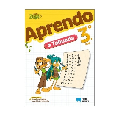 Capa do livro 'Aprendo a Tabuada 3º ano' com ilustrações de personagens e multiplicações do 9.