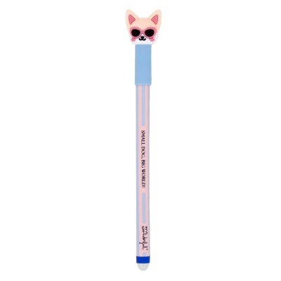 Caneta rosa e azul com cabeça de cão com óculos de sol na tampa