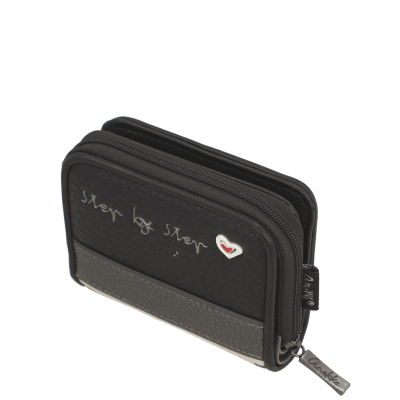 Carteira pequena preta com detalhe cinza e coração vermelho