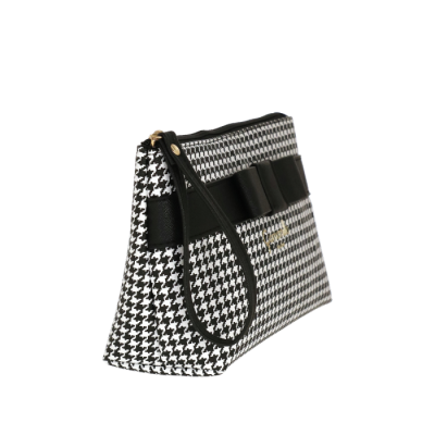 Mala de mão preta e branca com padrão pied-de-poule e laço preto