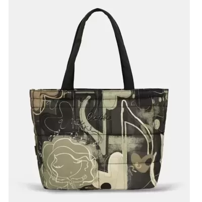 Mala tote acolchoada preto e bege com estampado abstrato e notas musicais