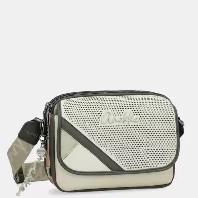 Mala de ombro bege, verde e preto com alça ajustável e detalhes perfurados