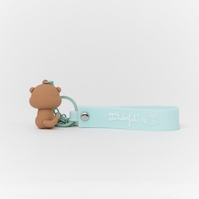Chaveiro com figura de macaco castanho e pulseira azul clara com texto mr. wonderful