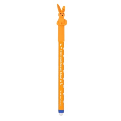 Caneta laranja com tampa de coelho e texto branco no corpo