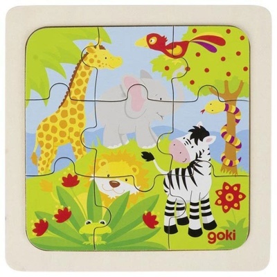 Puzzle infantil de madeira com animais coloridos e marca goki