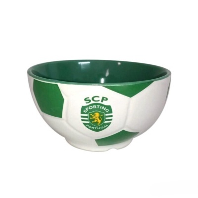 Tigela de cerâmica com padrão de bola de futebol verde e branco e logotipo do Sporting Clube de Portugal