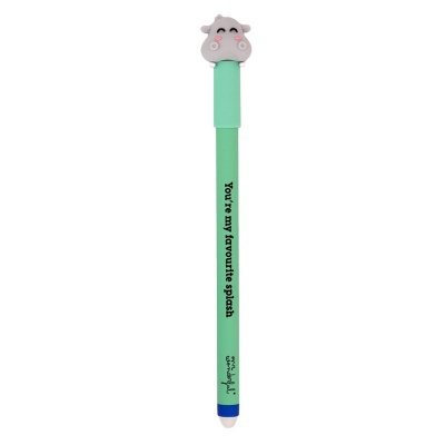 Caneta esferográfica verde com tampa e figura de hipopótamo