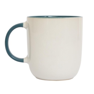 Caneca branca com interior e pega azul