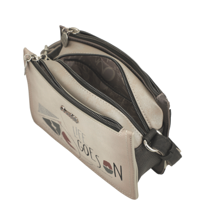 Mala pequena bege com alça preta e texto Life Goes On