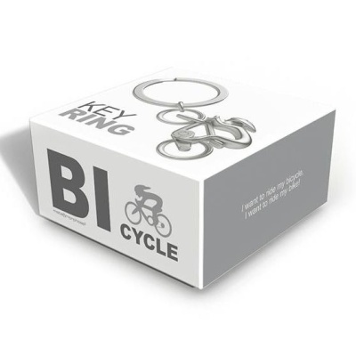 Anel chave metal com design ciclista e caixa branca com texto em preto
