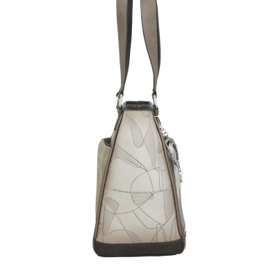 Mala de ombro bege com padrão geométrico abstrato e alças largas