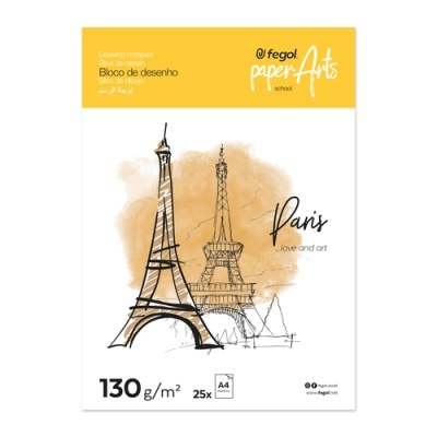 Bloco de desenho paper Arts Feigol A4 com Torre Eiffel e texto em várias línguas