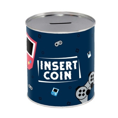 Pote metálico azul com inscrições e desenhos de videojogos