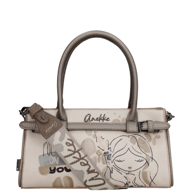 Mala de mão bege e castanho claro Anekke com alça destacável e desenho de mulher