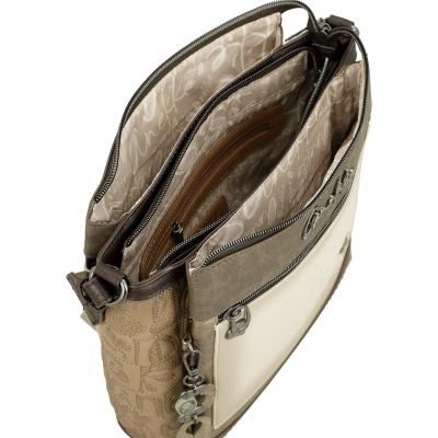Mala de ombro bege e castanha com fechos metálicos e interior estampado