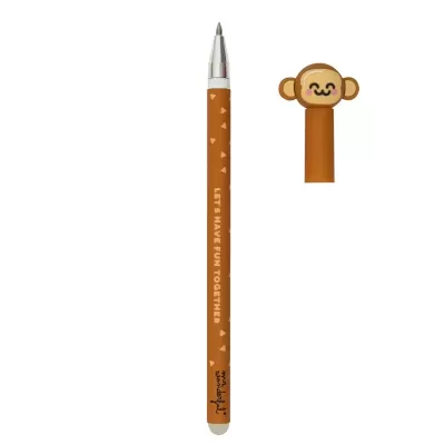 Caneta castanha com tampa de macaco sorridente