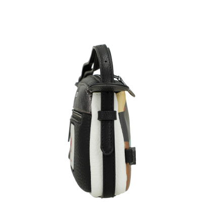 Mala tipo saco em couro com cores preto, branco, bege e castanho, vista de lado