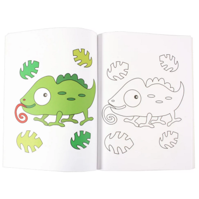 Livro de colorir com desenhos de camaleão e folhas, um colorido e outro para colorir.