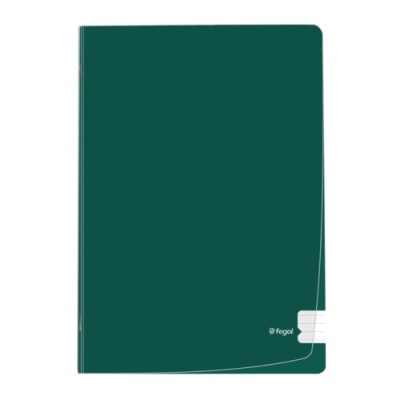 Caderno verde escuro com etiquetas brancas e logótipo fegol