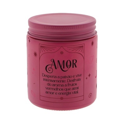 Frasco rosa plástico com texto AMOR e descrição em português
