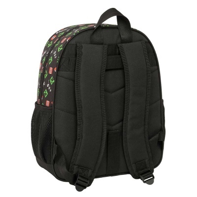 Mochila infantil preta com alças acolchoadas e padrão colorido na parte superior