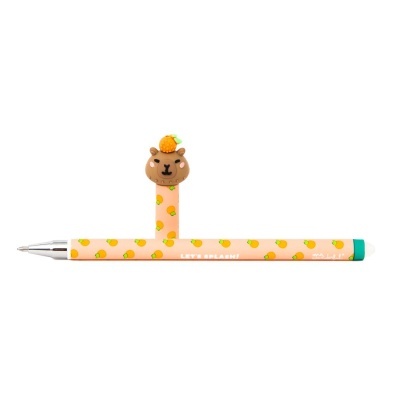 Caneta laranja com padrão de laranjas, clip em forma de urso castanho com uma laranja no topo