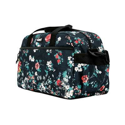 Bolsa de viagem preta com padrão floral colorido e alças pretas