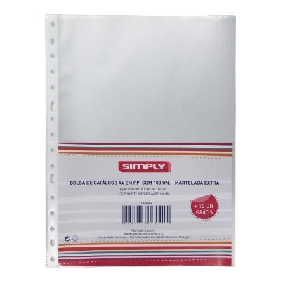 Bolsa catálogo transparente Simply PP 100 unidades com orifícios e embalagem com texto e código de barras.