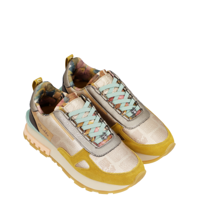 Ténis bege, amarelos e cinza com atacadores azuis claros e interior camuflado colorido