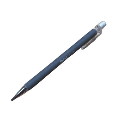 Caneta esferográfica preta com clip transparente e borracha branca